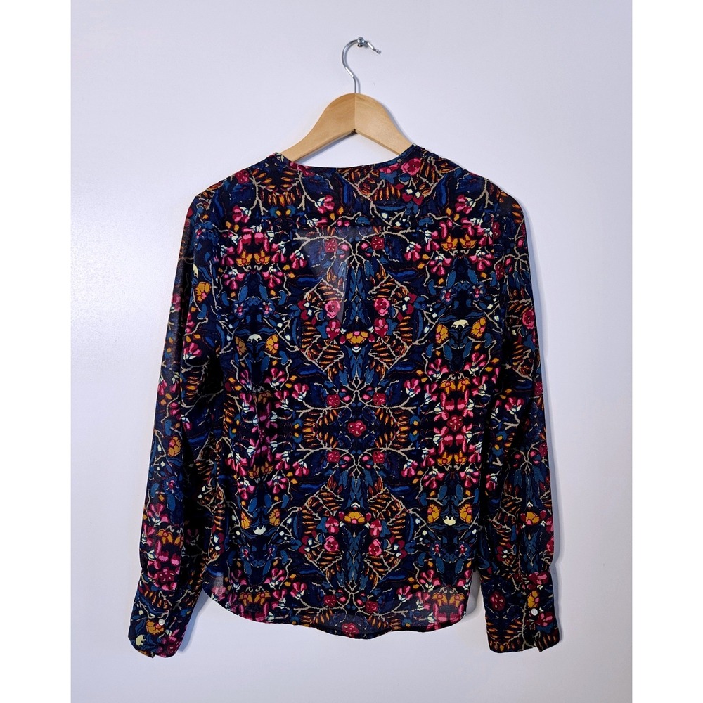 Converse One Star Floral Pintuck Blouse M Blue Pink Long Sleeve Boho Cottagecore - Picture 3 of 5